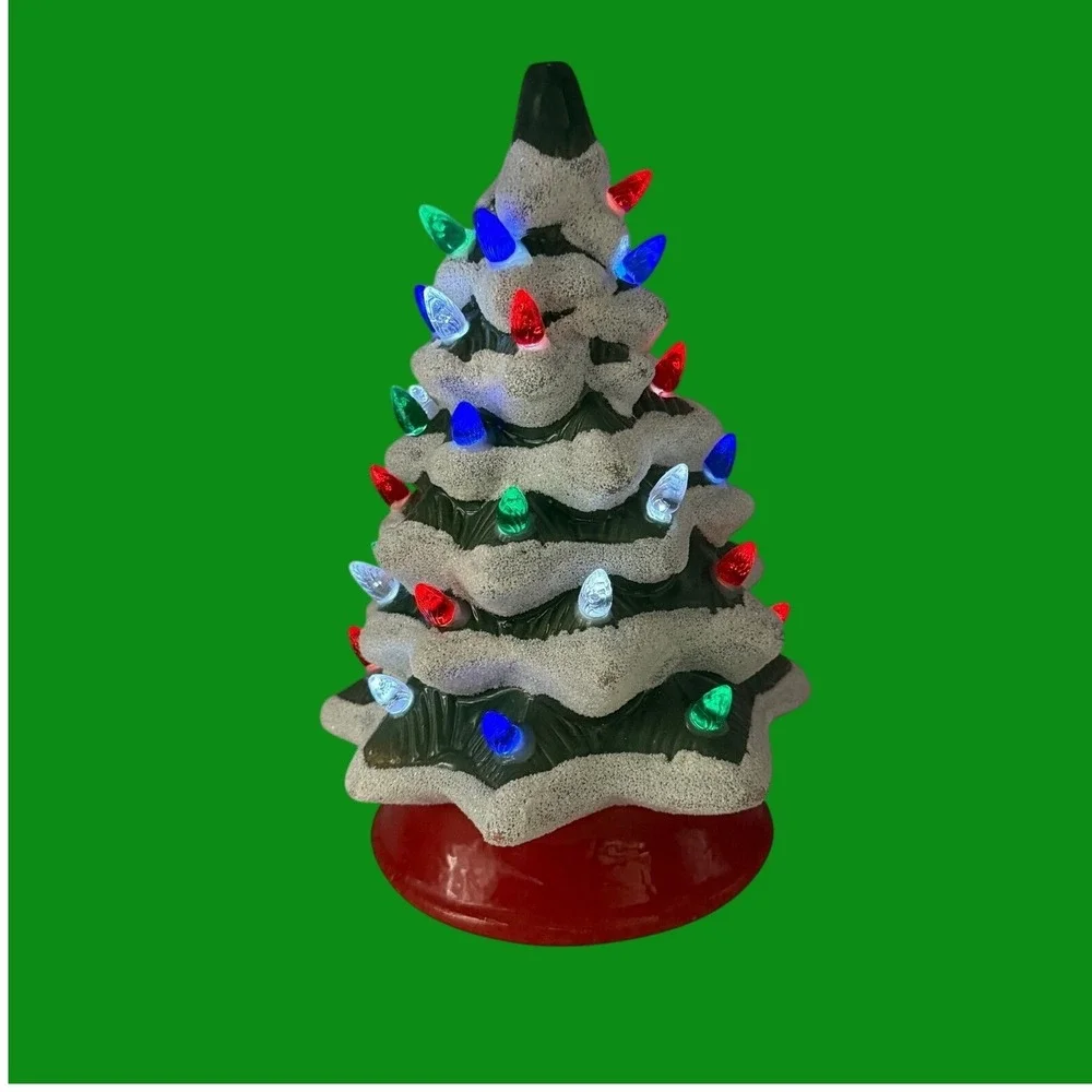 Ceramic Mold Light Up Flocked Christmas Tree Green Red 10.5 inch